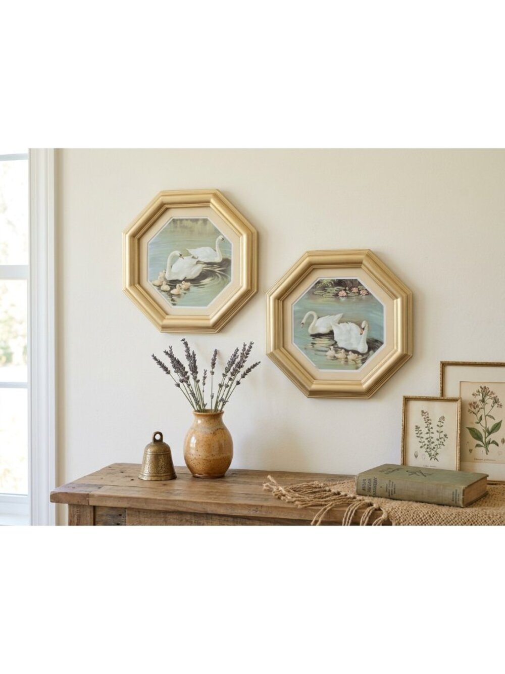 Vintage Swan Wall Art Prints Pair Octagon Gold Frames Cottage Grandmillenial